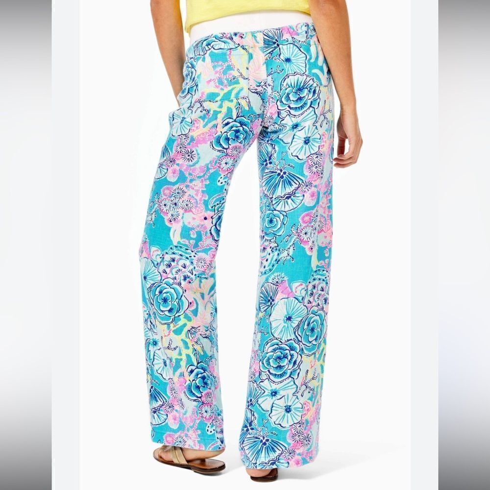 Lilly Pulitzer Bali Blue Once Upon A Tide Linen Palazzo Pants Size S Mid Rise - Picture 2 of 12